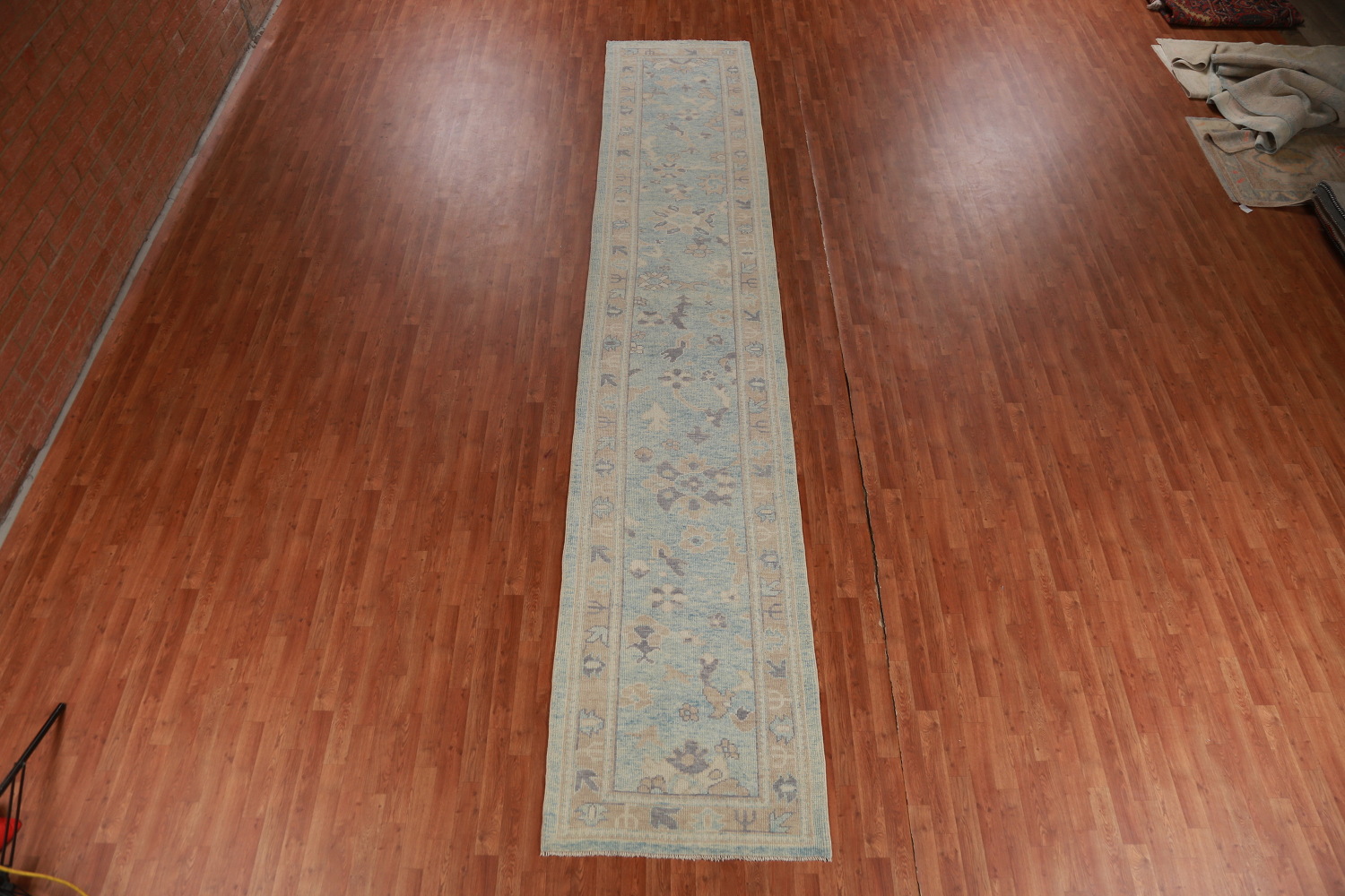 Light Blue Floral Oushak Vegetable Dye Runner Rug 3x17