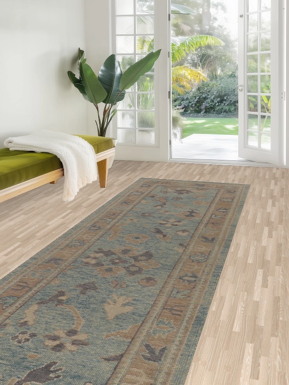 Light Blue Floral Oushak Vegetable Dye Runner Rug 3x17
