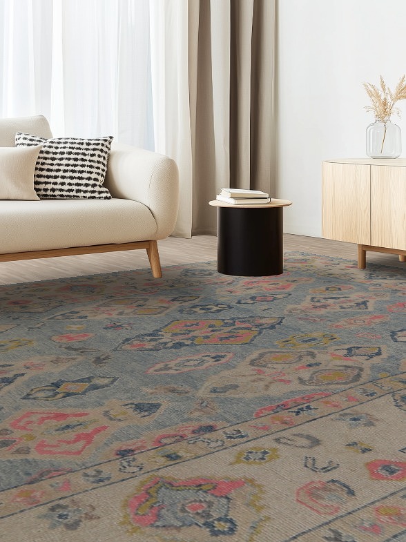 Geometric Blue Oushak Vegetable Dye Area Rug 9x13