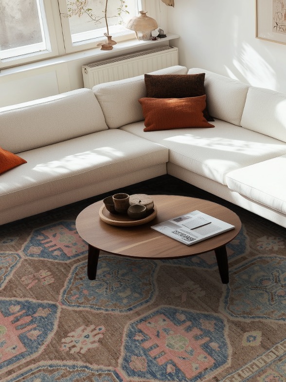 Brown Geometric Oushak Vegetable Dye Area Rug 9x12