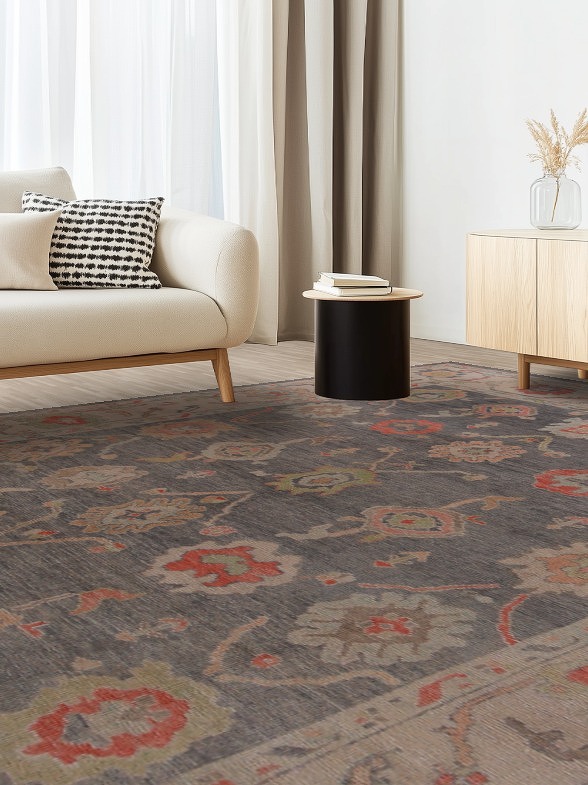 Floral Gray Wool Oushak Vegetable Dye Large Rug 10x14