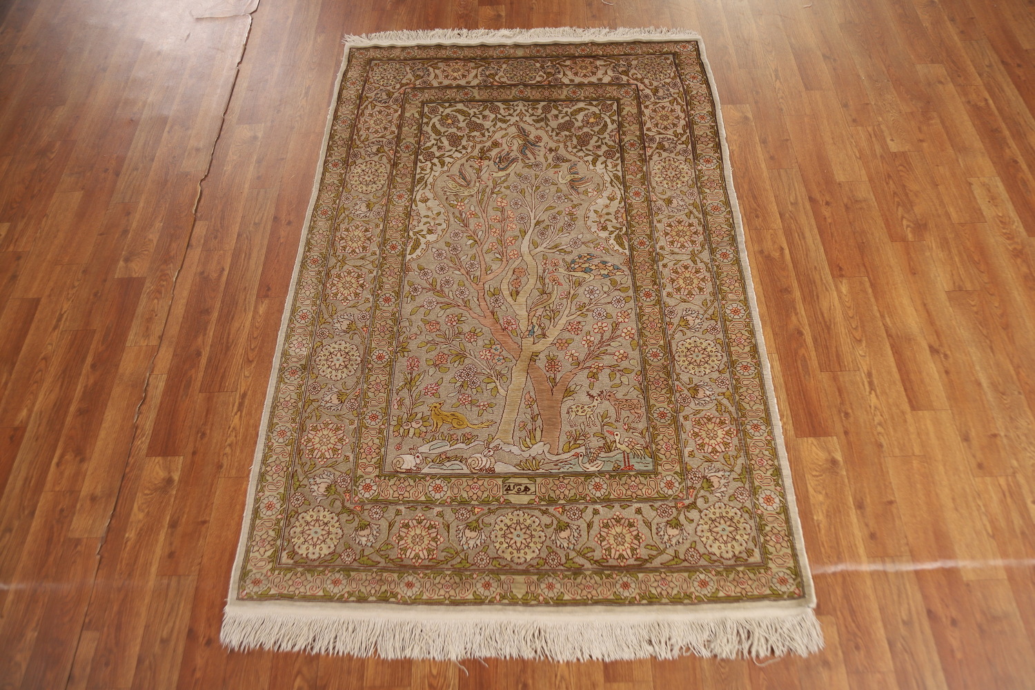 Antique Signed Vegetable Dye Silk/ Silver Hereke Persian Rug 3x5