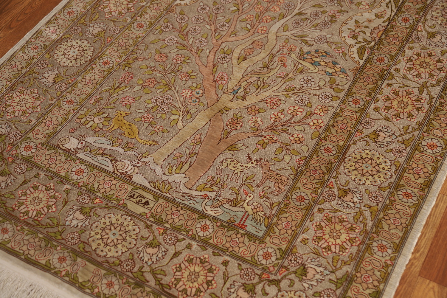 Antique Signed Vegetable Dye Silk/ Silver Hereke Persian Rug 3x5