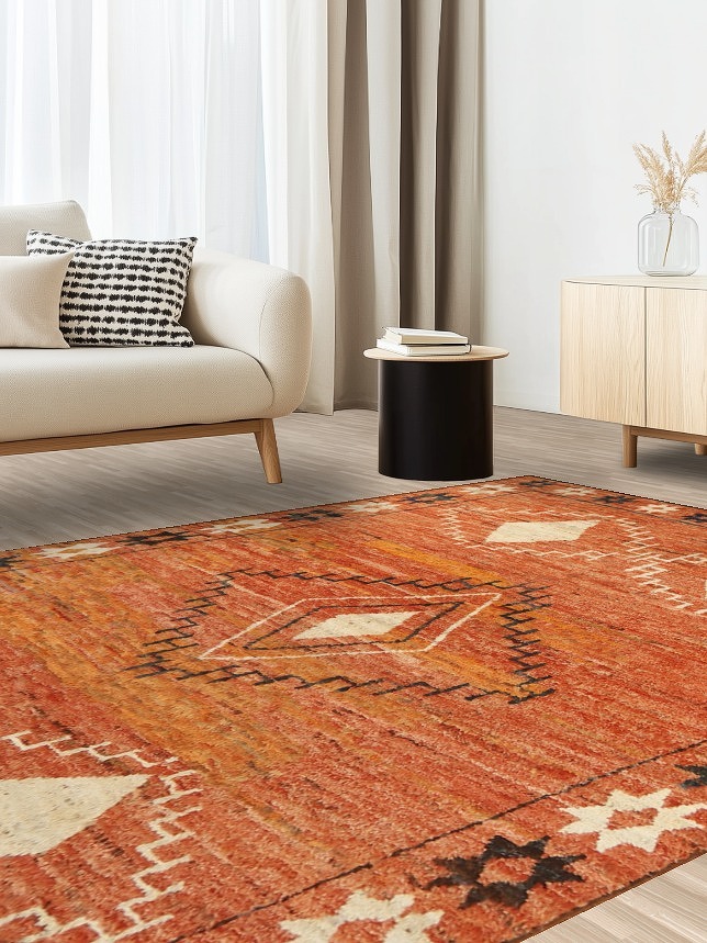 Orange Wool Moroccan Oriental Area Rug 7x10