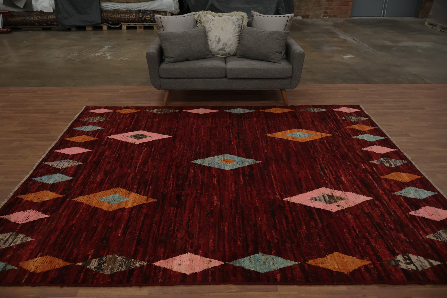 Elegant Red Moroccan Area Rug 8x10 with Color Diamond Accents