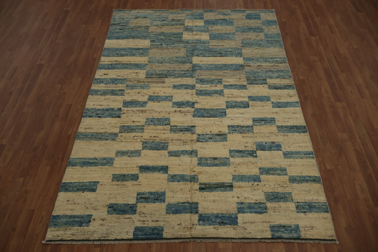 Chic Blocks Moroccan Area Rug 6x9 in Subtle Blue and Beige