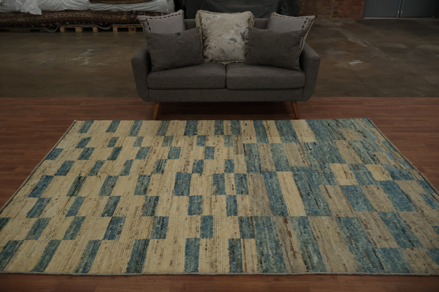 Chic Blocks Moroccan Area Rug 6x9 in Subtle Blue and Beige