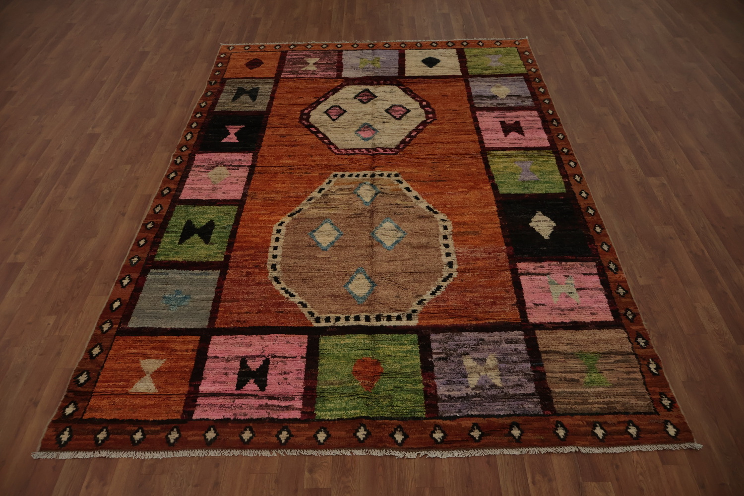 Artistic Moroccan Area Rug 7x10 with Eye-Catching Multicolored Borders