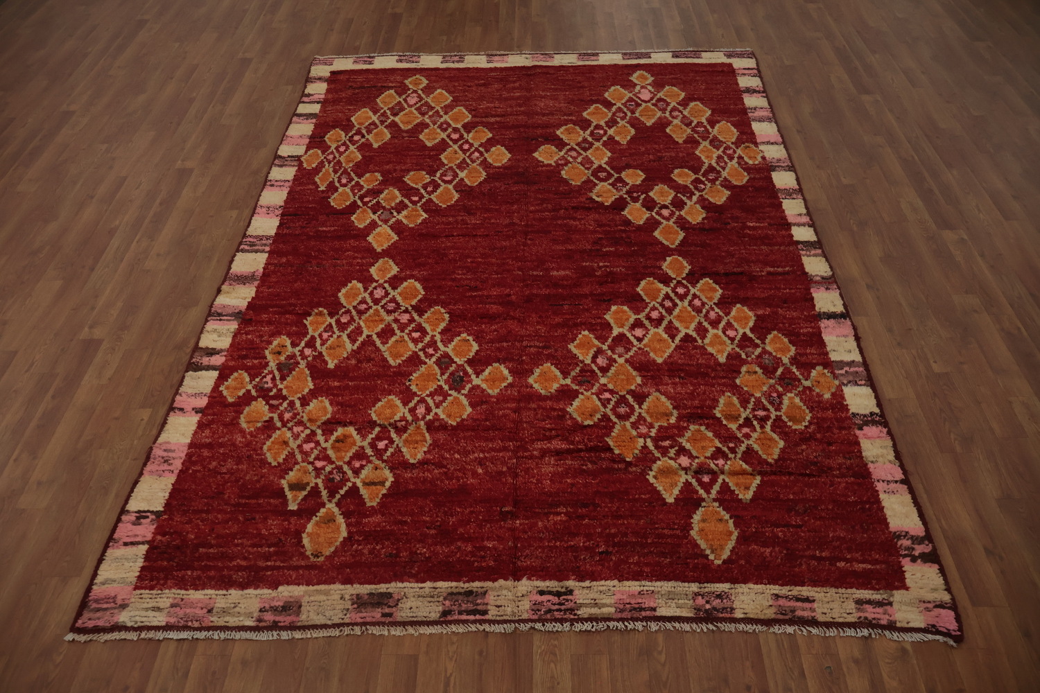 Artisan Moroccan Area Rug 7x10 in Luxe Red with Diamonds Accent