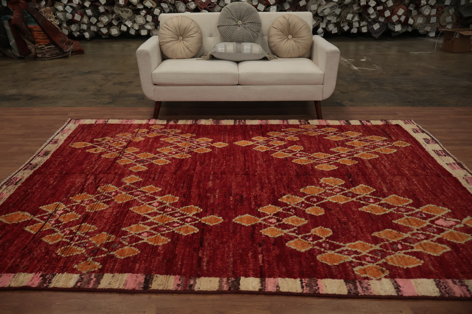 Artisan Moroccan Area Rug 7x10 in Luxe Red with Diamonds Accent