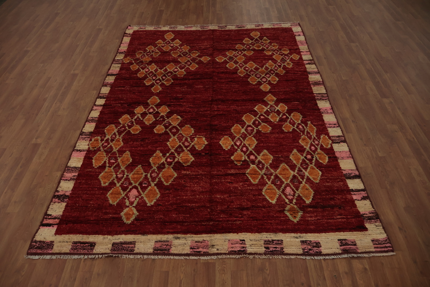 Artisan Moroccan Area Rug 7x10 in Luxe Red with Diamonds Accent