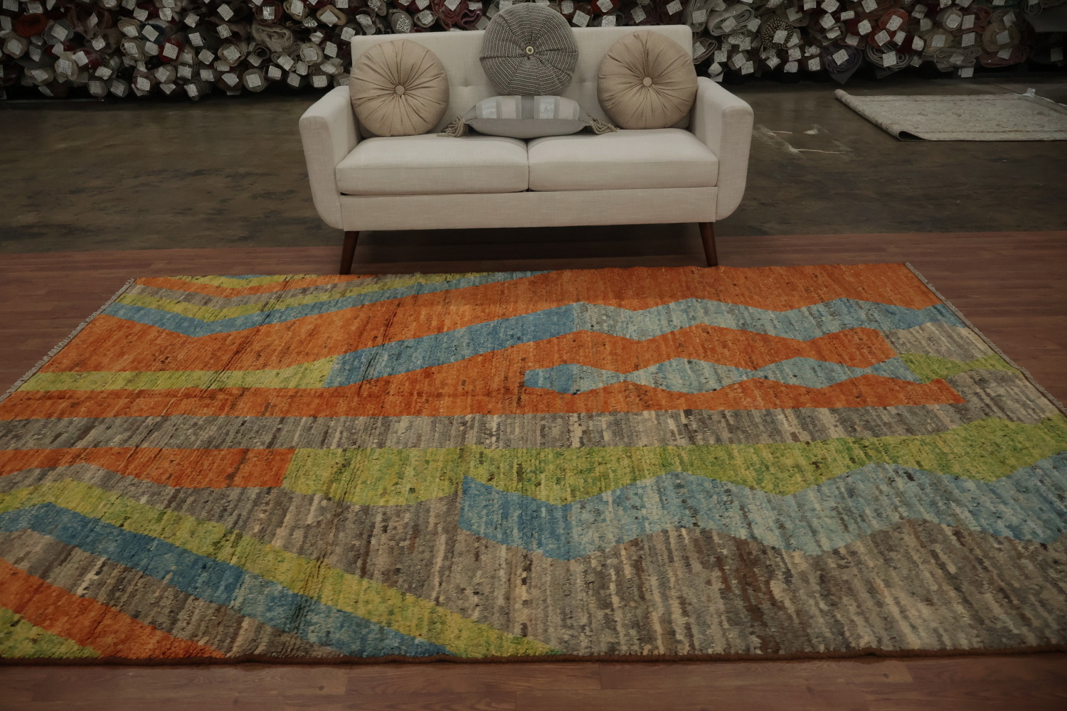 Dynamic Moroccan Area Rug 7x10 in Earth and Sky Tone Accents
