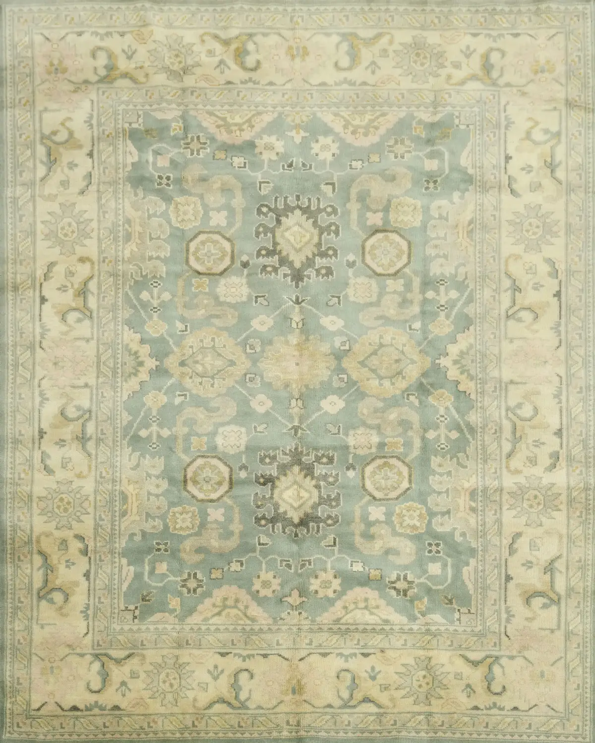 8x10 Blue and Beige Traditional Oushak Hand-Knotted Wool Rug