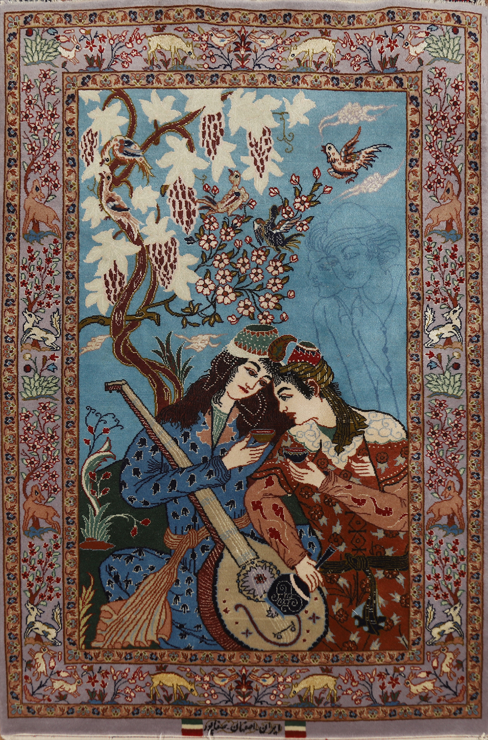 Vegetable Dye Blue Pictorial Signed Isfahan Persian Rug 2x3