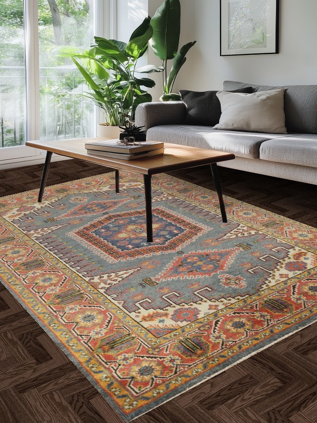 Handmade Blue Viss Indian Area Rug 6x9