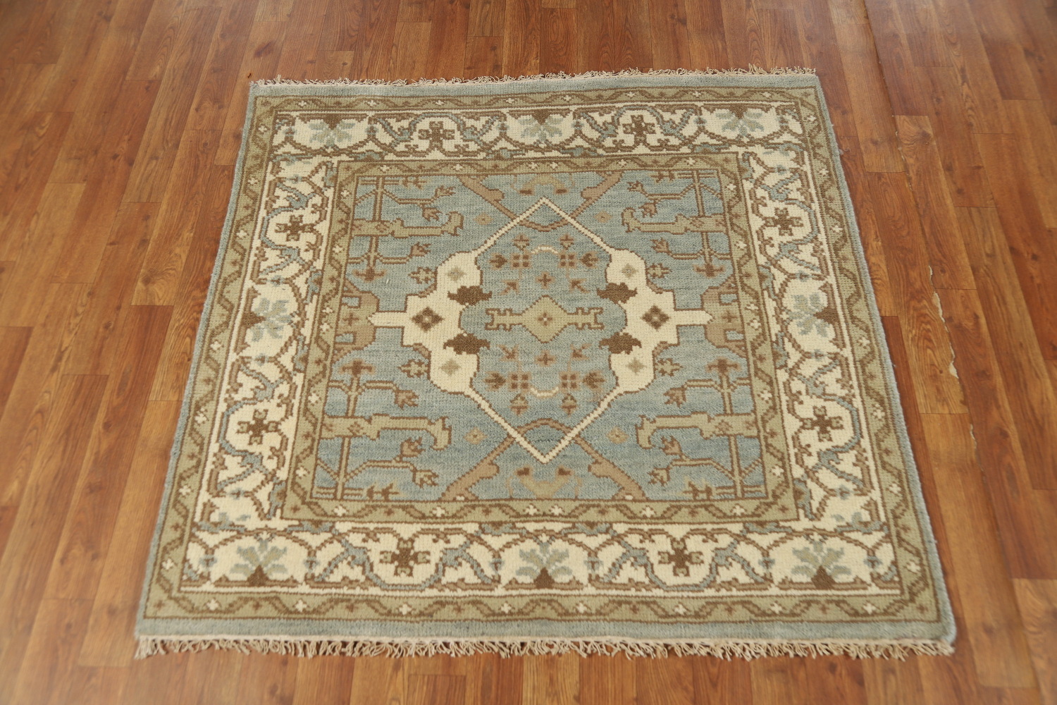 Light Blue Square Wool Oushak Indian Rug 4x4