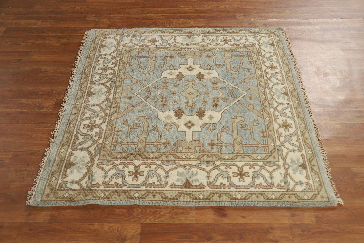 Light Blue Square Wool Oushak Indian Rug 4x4