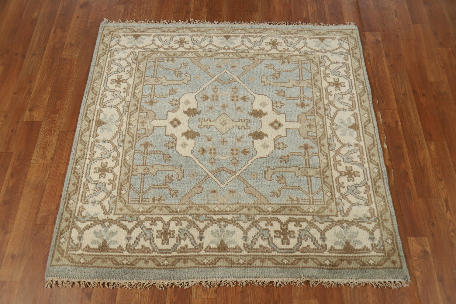 Light Blue Square Wool Oushak Indian Rug 4x4