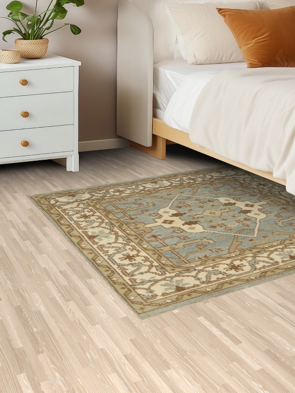 Light Blue Square Wool Oushak Indian Rug 4x4