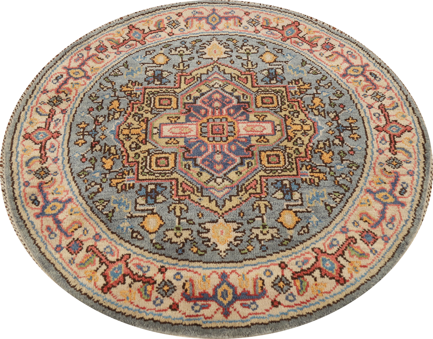 Light Blue Heriz Serapi Indian Round Rug 4x4