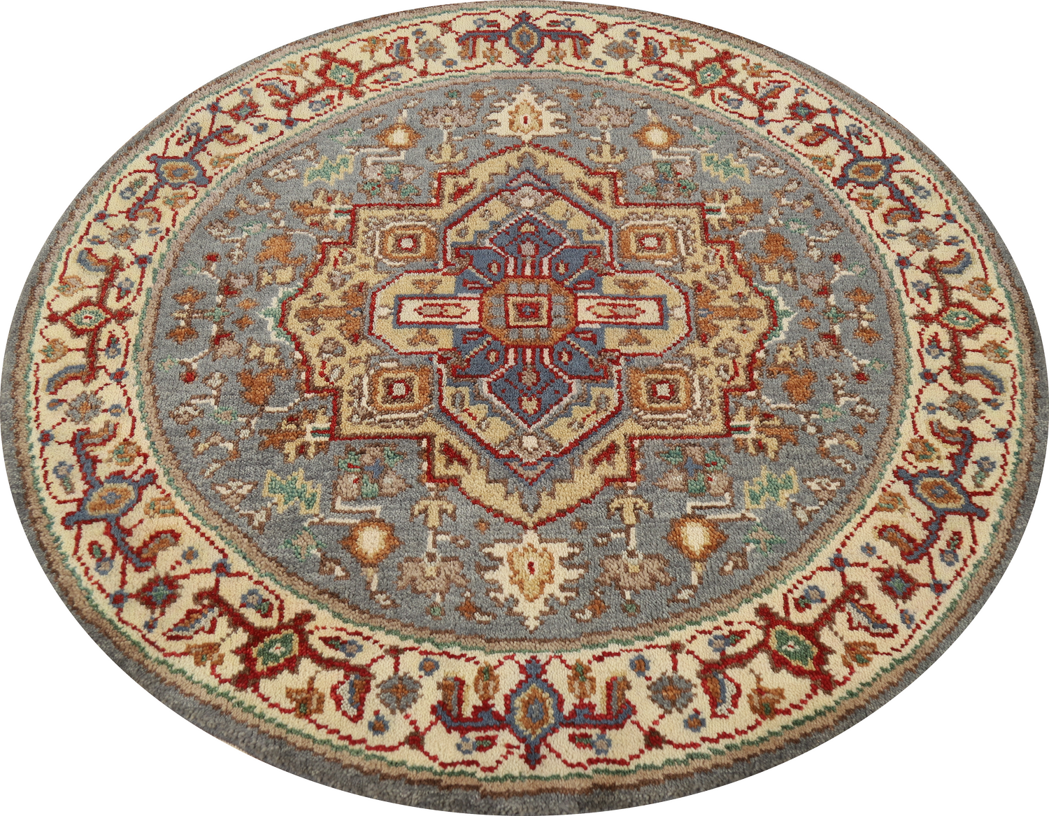 Gray Medallion Heriz Serapi Indian Round Rug 4x4