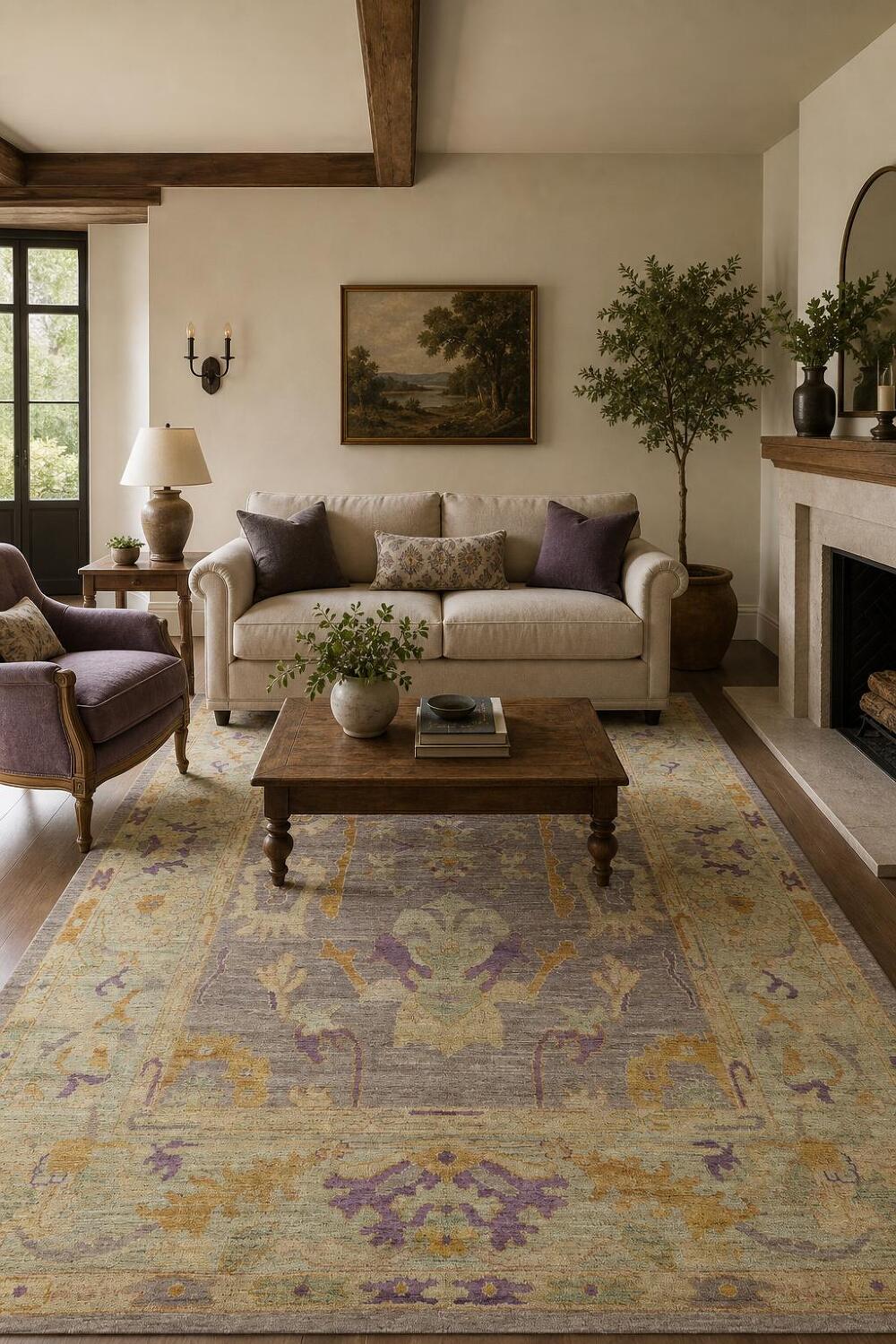 Purple Wool Oushak Turkish Area Rug 7x10