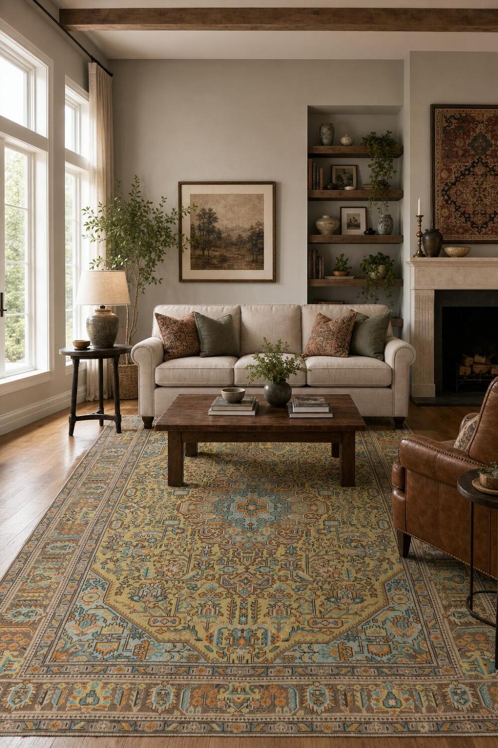Handmade Wool Yellow Tabriz Persian Area Rug 7x9