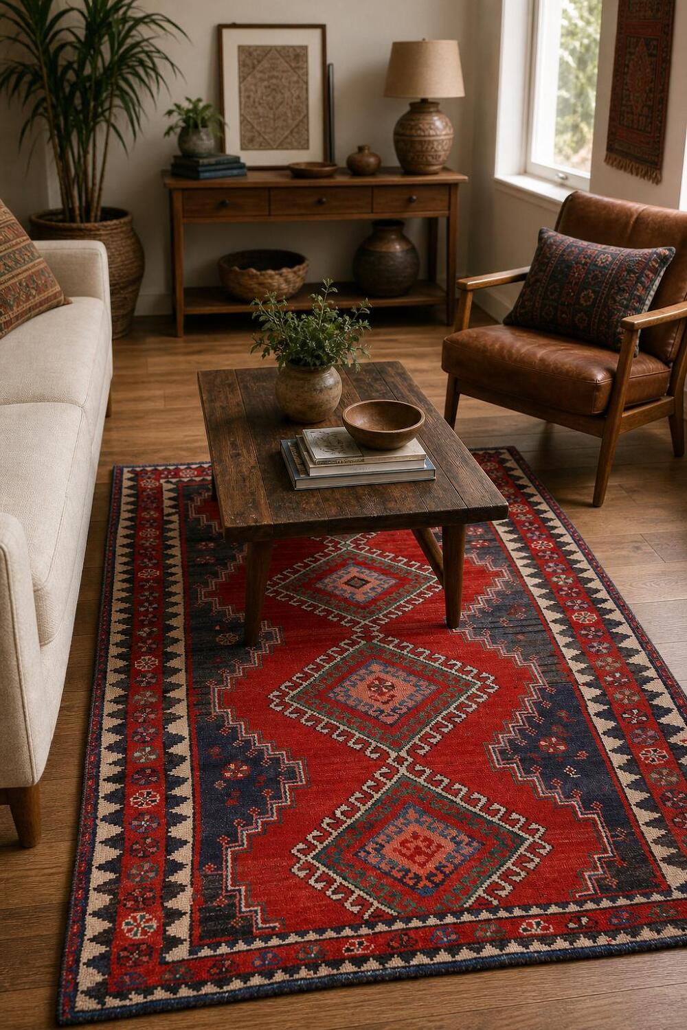 Red Geometric Qashqai Persian Rug 4x7