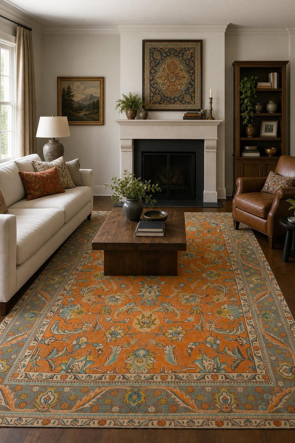 Orange Floral Wool Tabriz Persian Area Rug 6x9