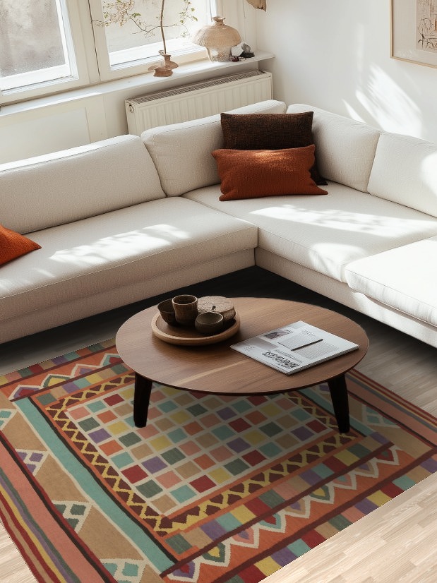 Checkered Kilim Wool Square Area Rug 6x6