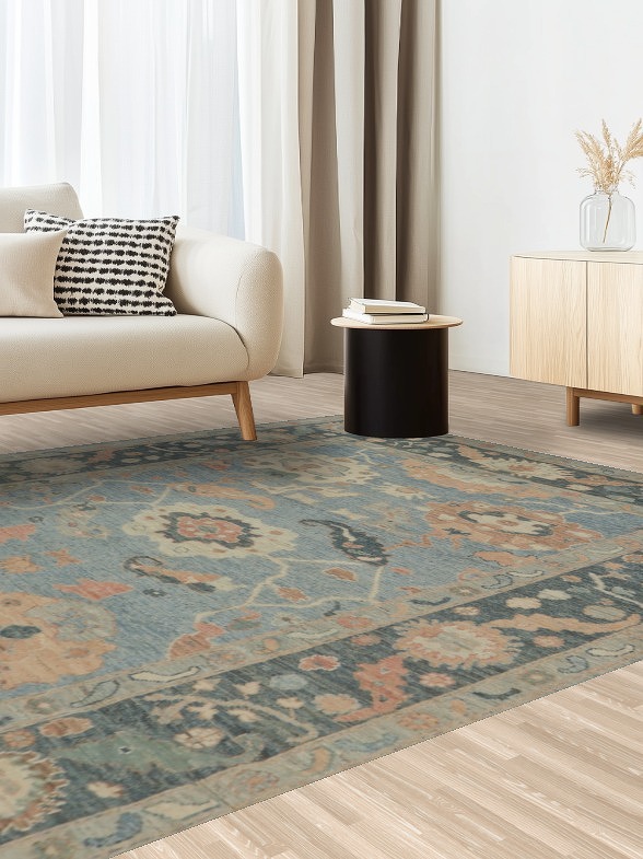 Vegetable Dye Blue Oushak Turkish Area Rug 8x10