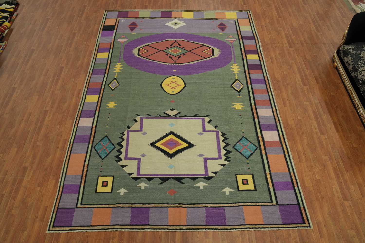 Green Wool Kilim Vegetable Dye Large Rug 10x15