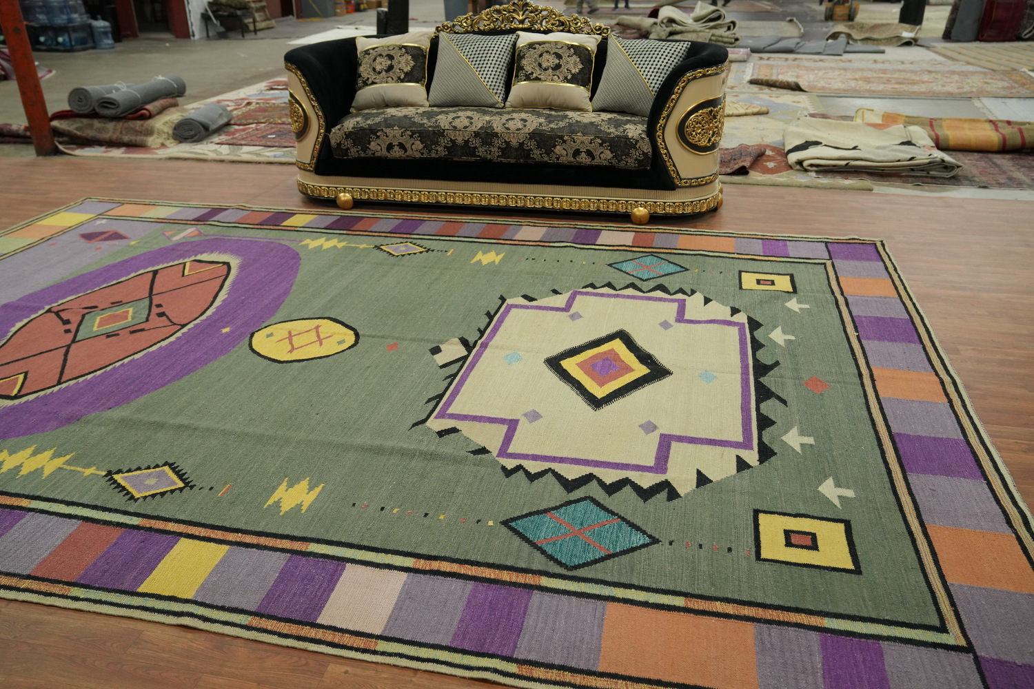 Green Wool Kilim Vegetable Dye Large Rug 10x15
