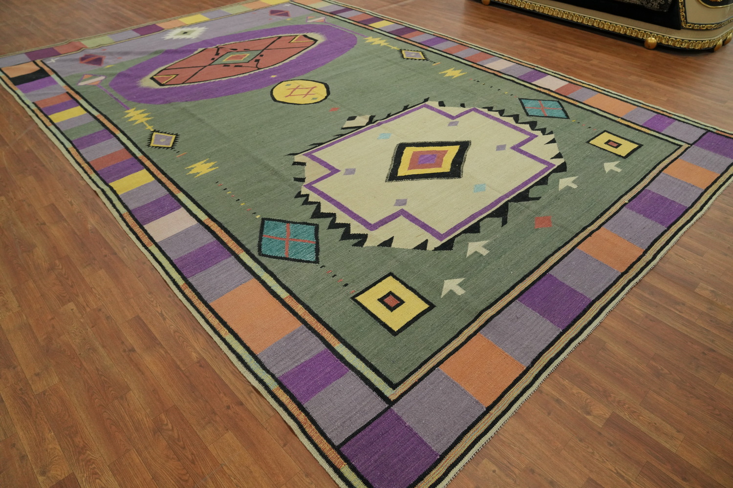 Green Wool Kilim Vegetable Dye Large Rug 10x15