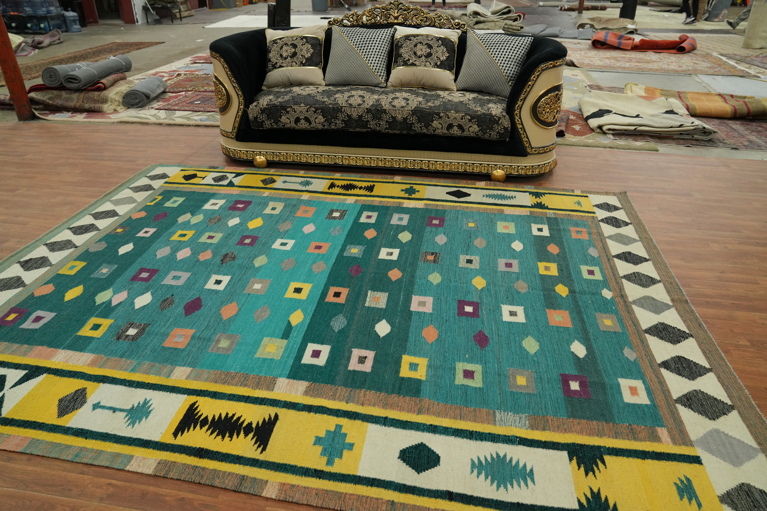 Green Geometric Kilim Vegetable Dye Area Rug 8x11