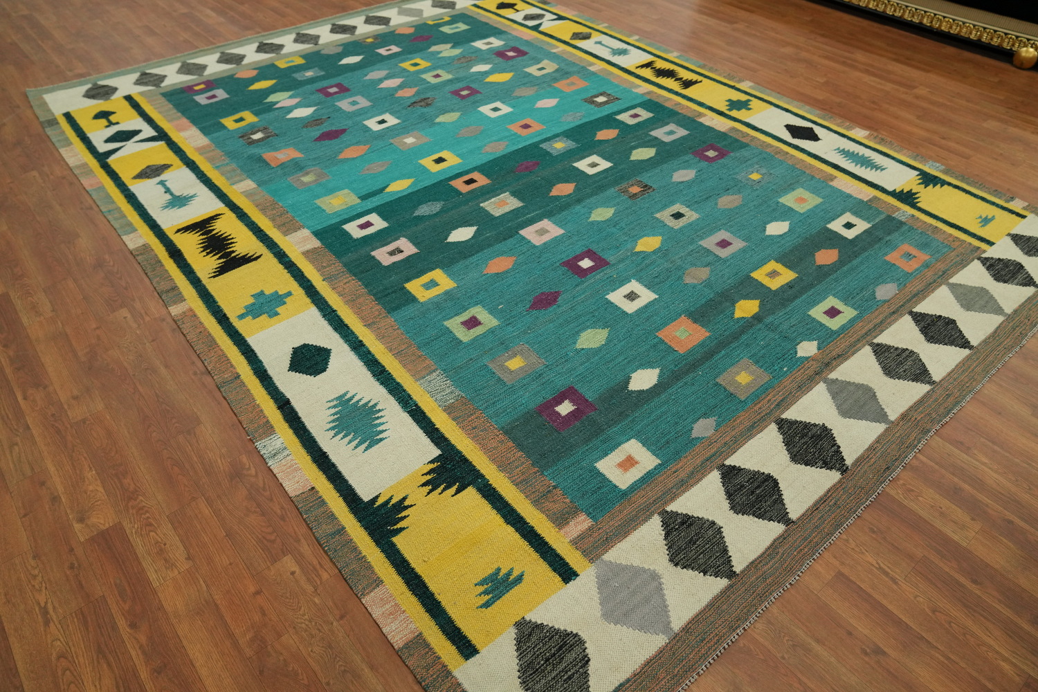 Green Geometric Kilim Vegetable Dye Area Rug 8x11