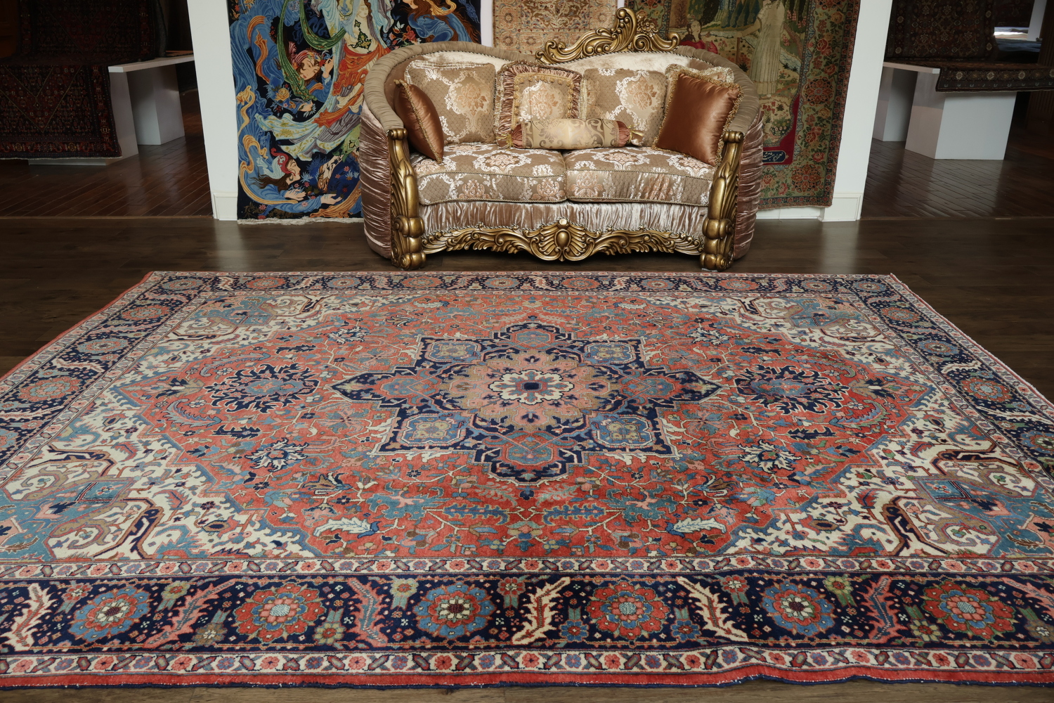 Vegetable Dye Red Blue and Pink Geometric Heriz Persian Area Rug 9x12