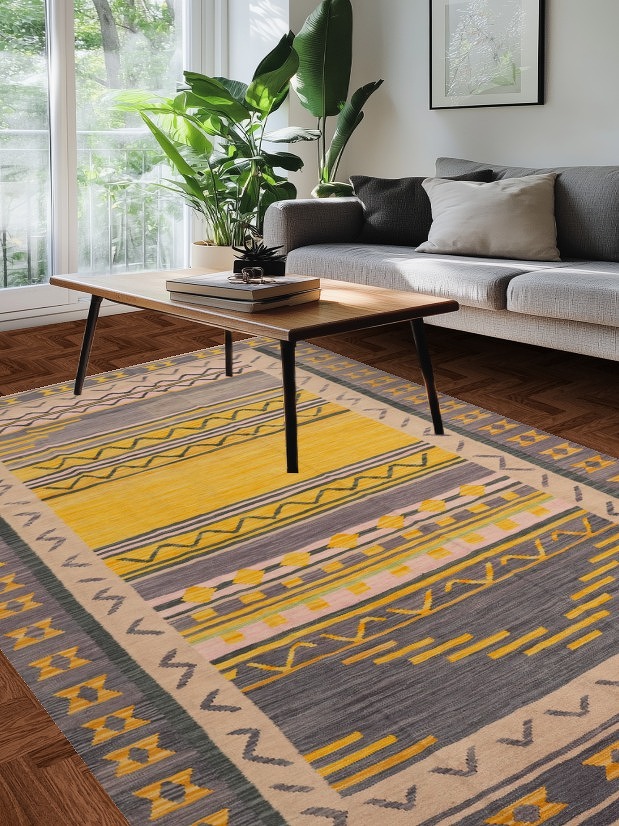 Purple & Yellow Wool Kilim Area Rug 6x10