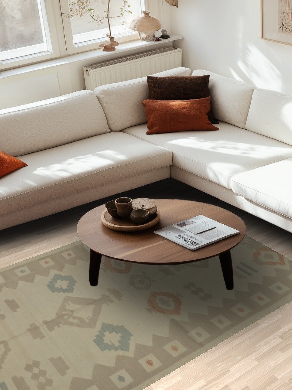 Southwestern Elegance Geometric Beige Kilim Rug 5x8