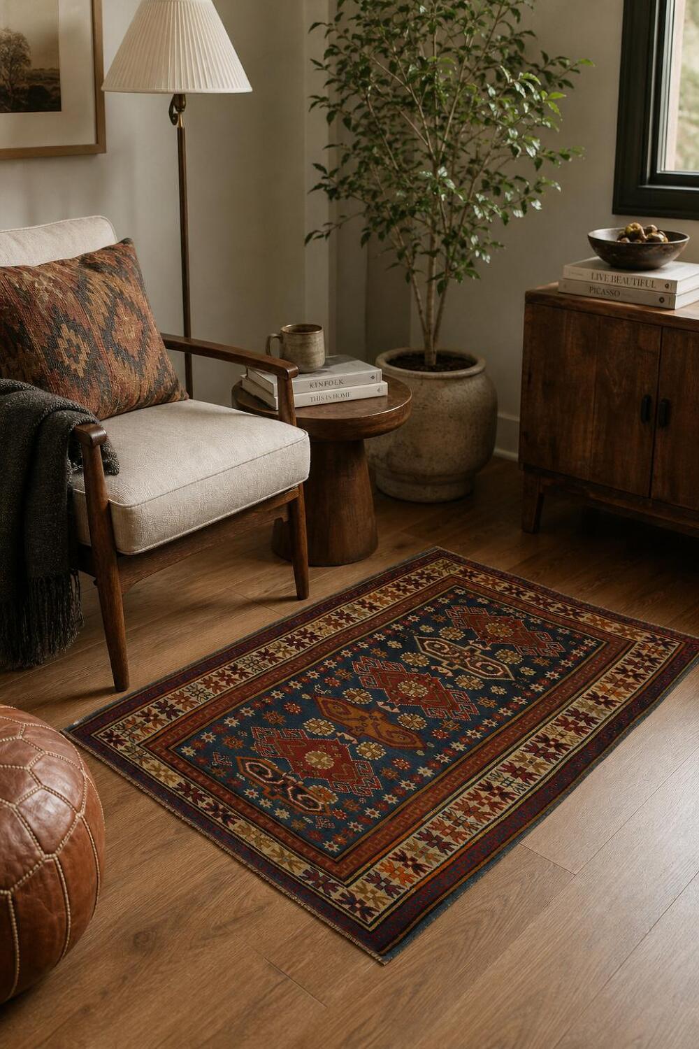 Pre-1900 Antique Kazak Vegetable Dye Rug 4x5