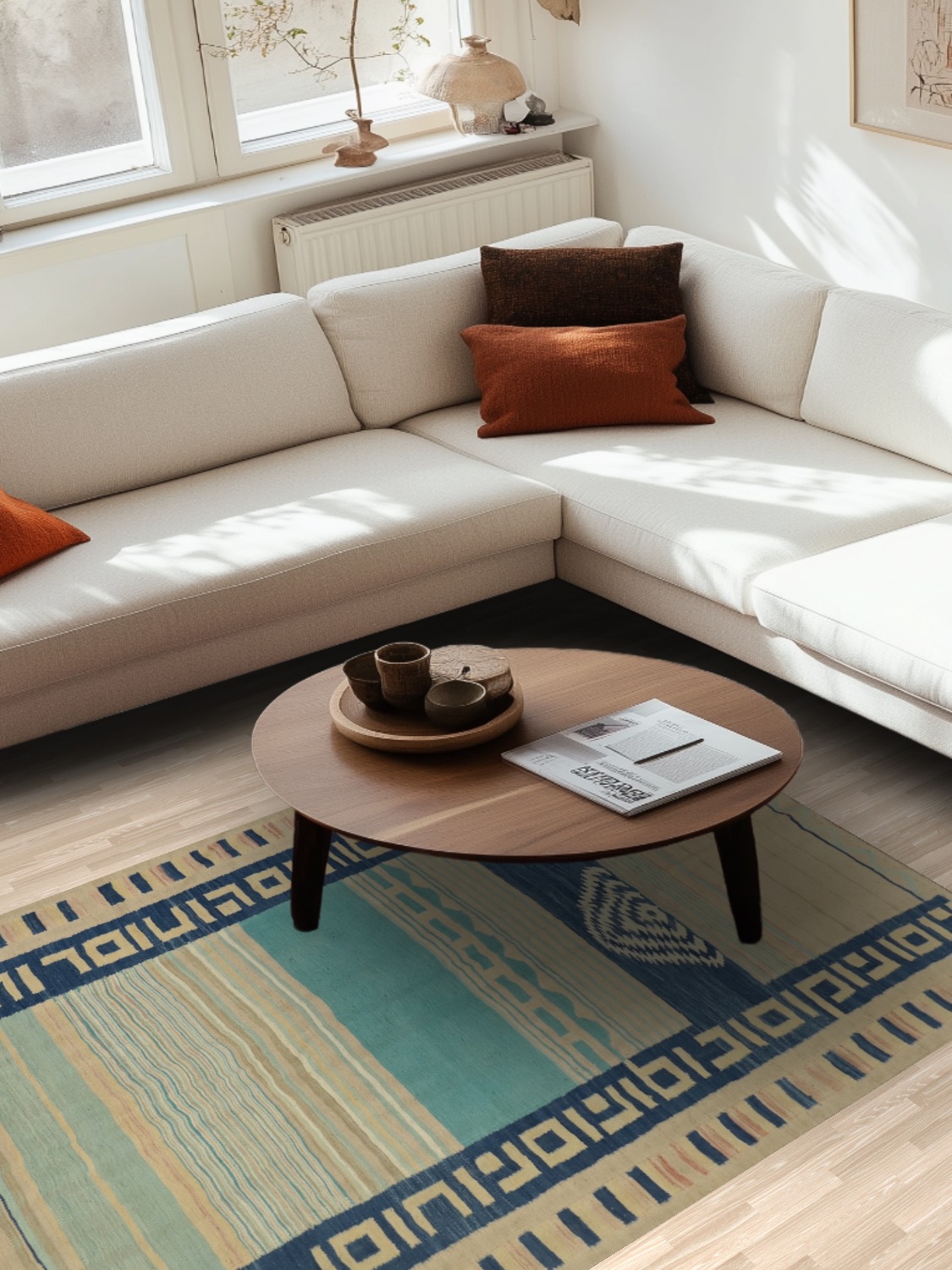 Handwoven Tribal Kilim Rug 5x8 Featuring Bold Blue Geometric Borders