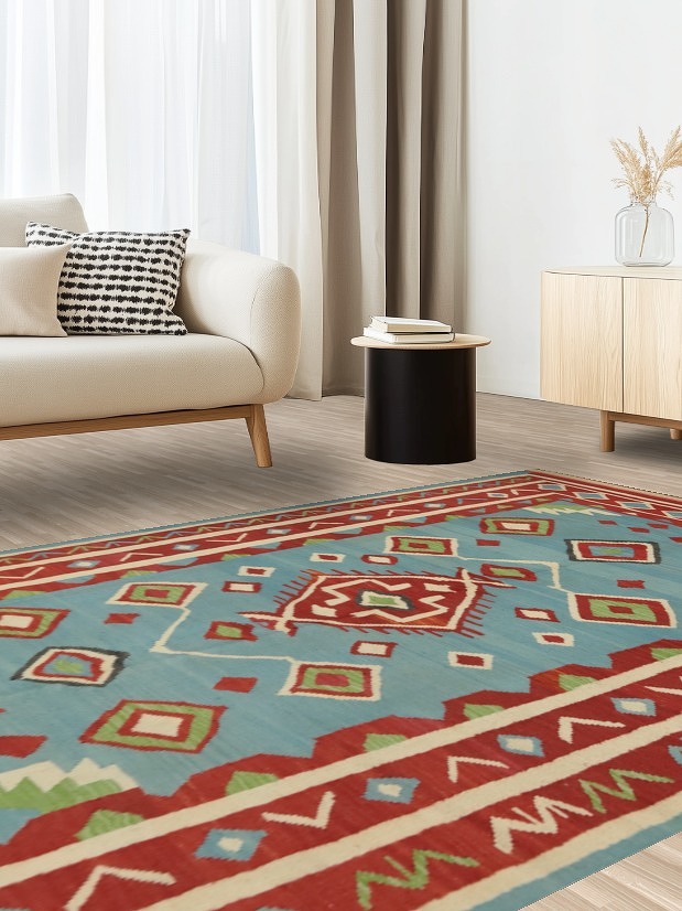 Light Blue Geometric Wool Kilim Area Rug 6x9