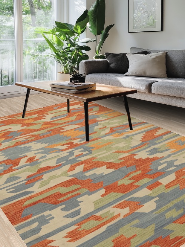 Colorful Contemporary Kilim Area Rug 7x10 Featuring Abstract Shapes