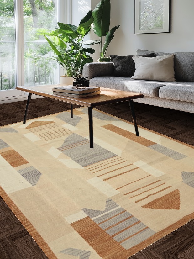 Elegantly Designed Geometric Kilim Area Rug 6x9 in Neutral Tones