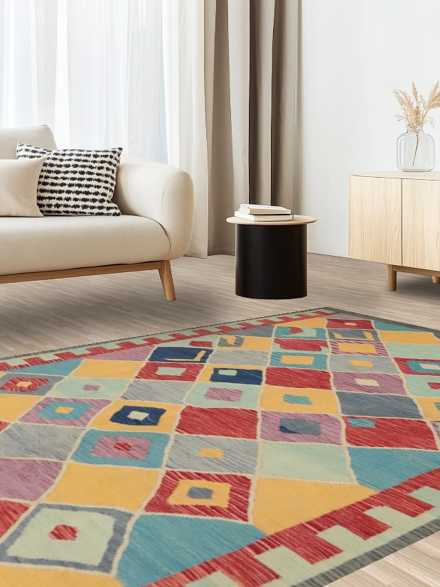 Vibrant Multicolored Kilim Area Rug 6x8 Featuring Bold Geometric Design