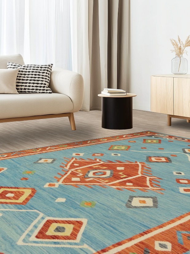 Light Blue Geometric Kilim Handwoven Area Rug 7x10