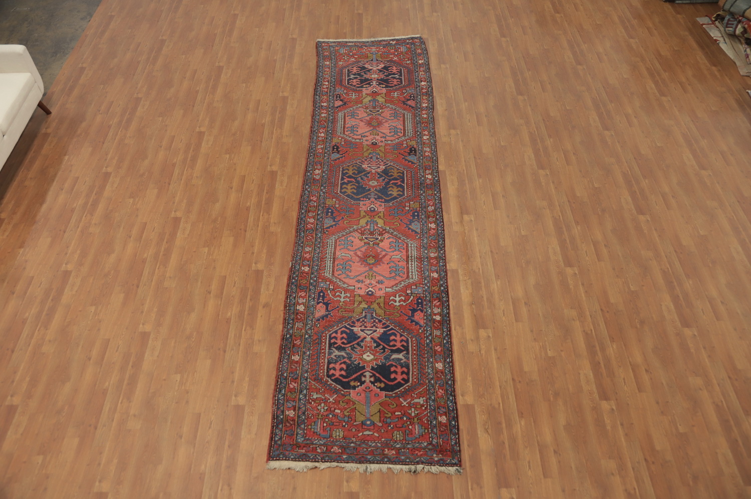 Pre-1900 Vegetable Dye Heriz Serapi Persian Runner Rug 4x14
