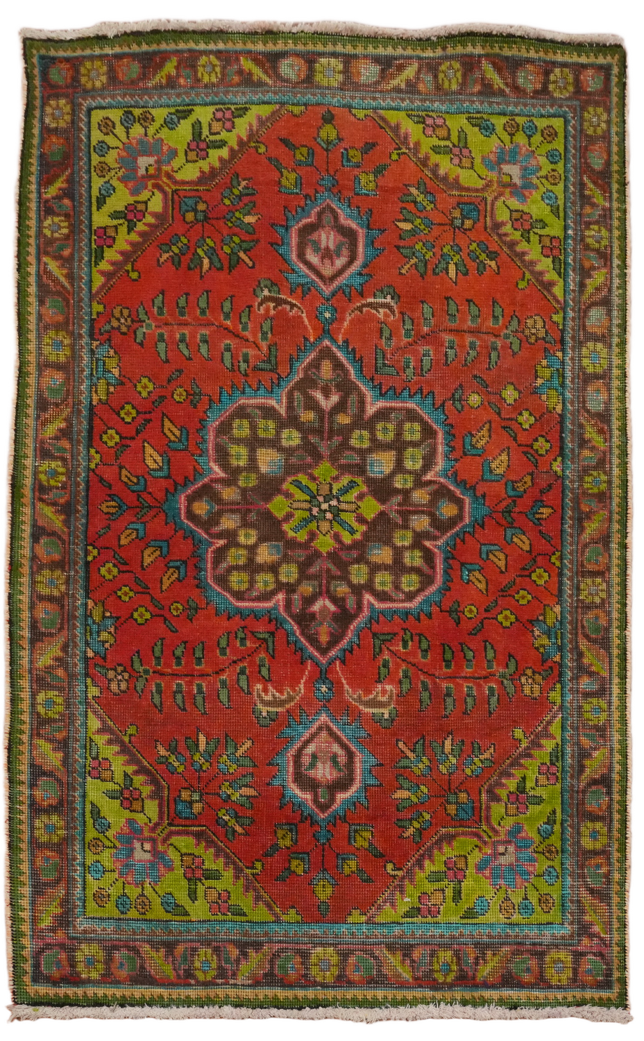Vibrant Red and Green Vintage Tabriz Persian Rug 3'x5'
