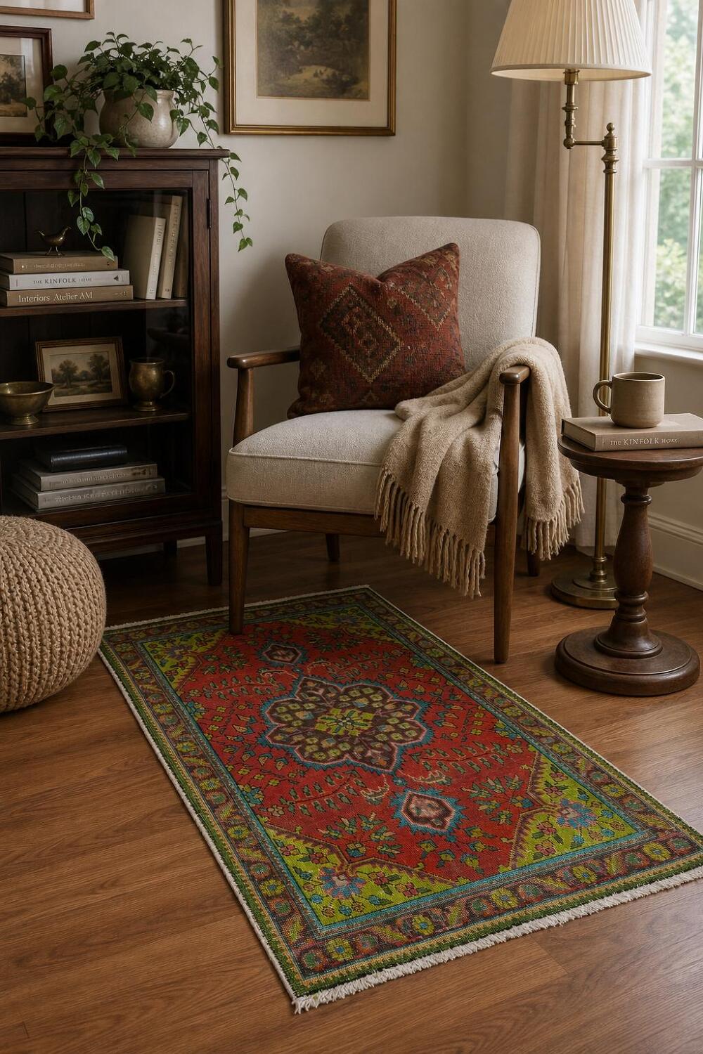 Vibrant Red and Green Vintage Tabriz Persian Rug 3'x5'