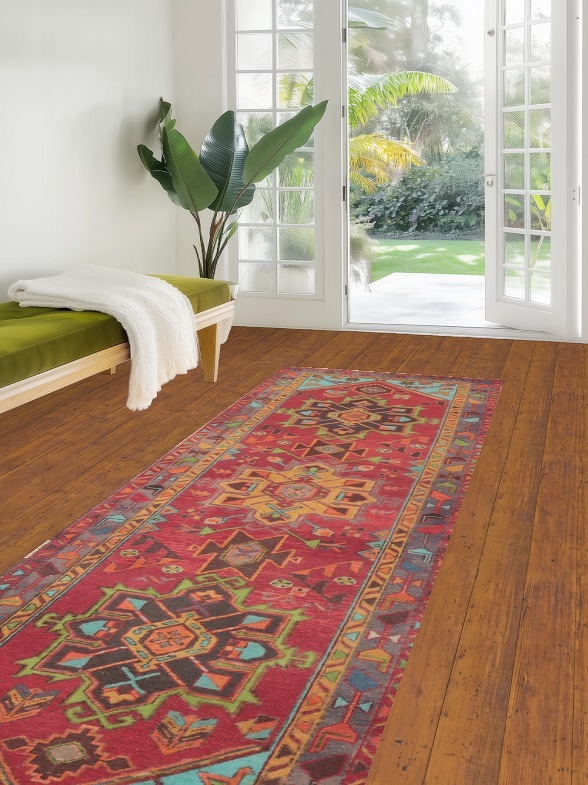 Red Geometric Ardebil Persian Runner Rug 3x10